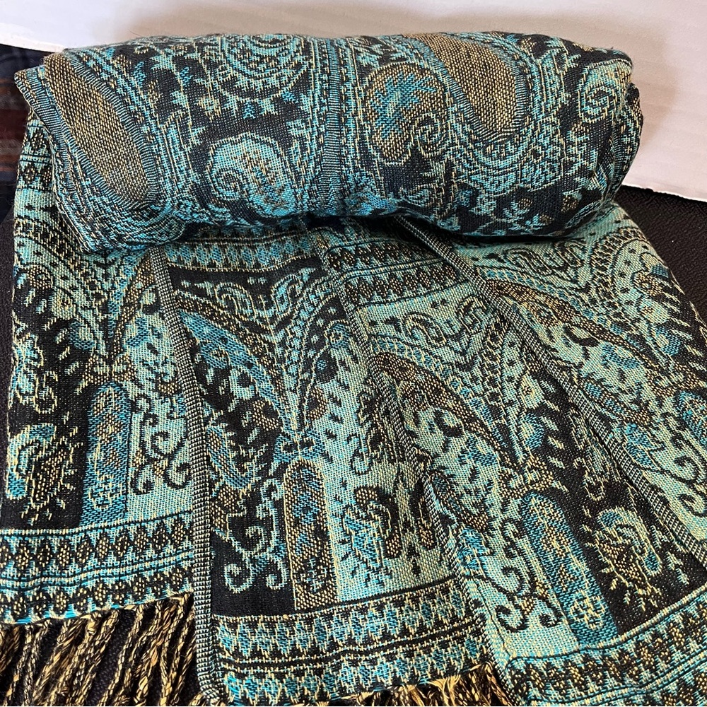 Pashmina 100% Cashmere blue Paisley scarf wrap with fringe 28” x 77” - Picture 2 of 8